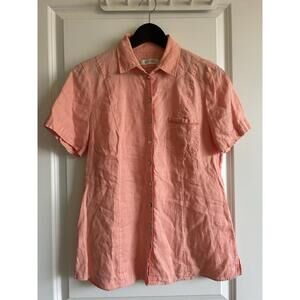 GERRY WEBER EDITION Coral Pink Short Sleeve Linen Shirt Sz M Embroidered Pocket